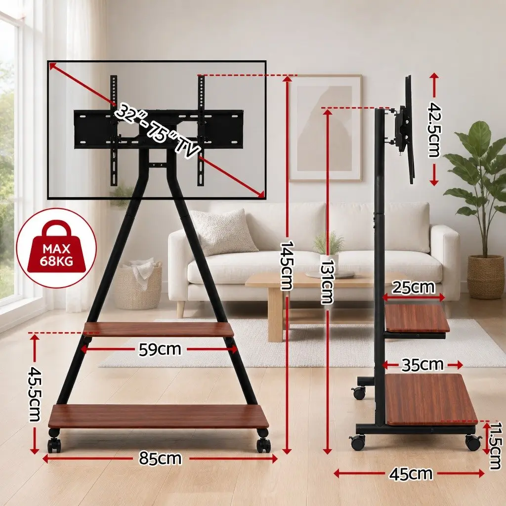 Mobile TV Stand Heavy Duty Steel Frame 32-75 Inch Adjustable Tilt Swivel Black Walnut