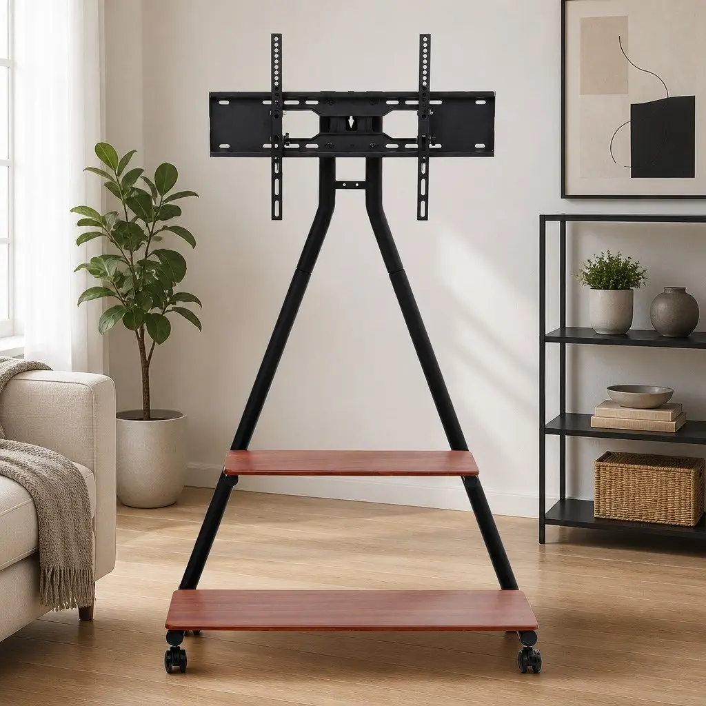 Mobile TV Stand Heavy Duty Steel Frame 32-75 Inch Adjustable Tilt Swivel Black Walnut