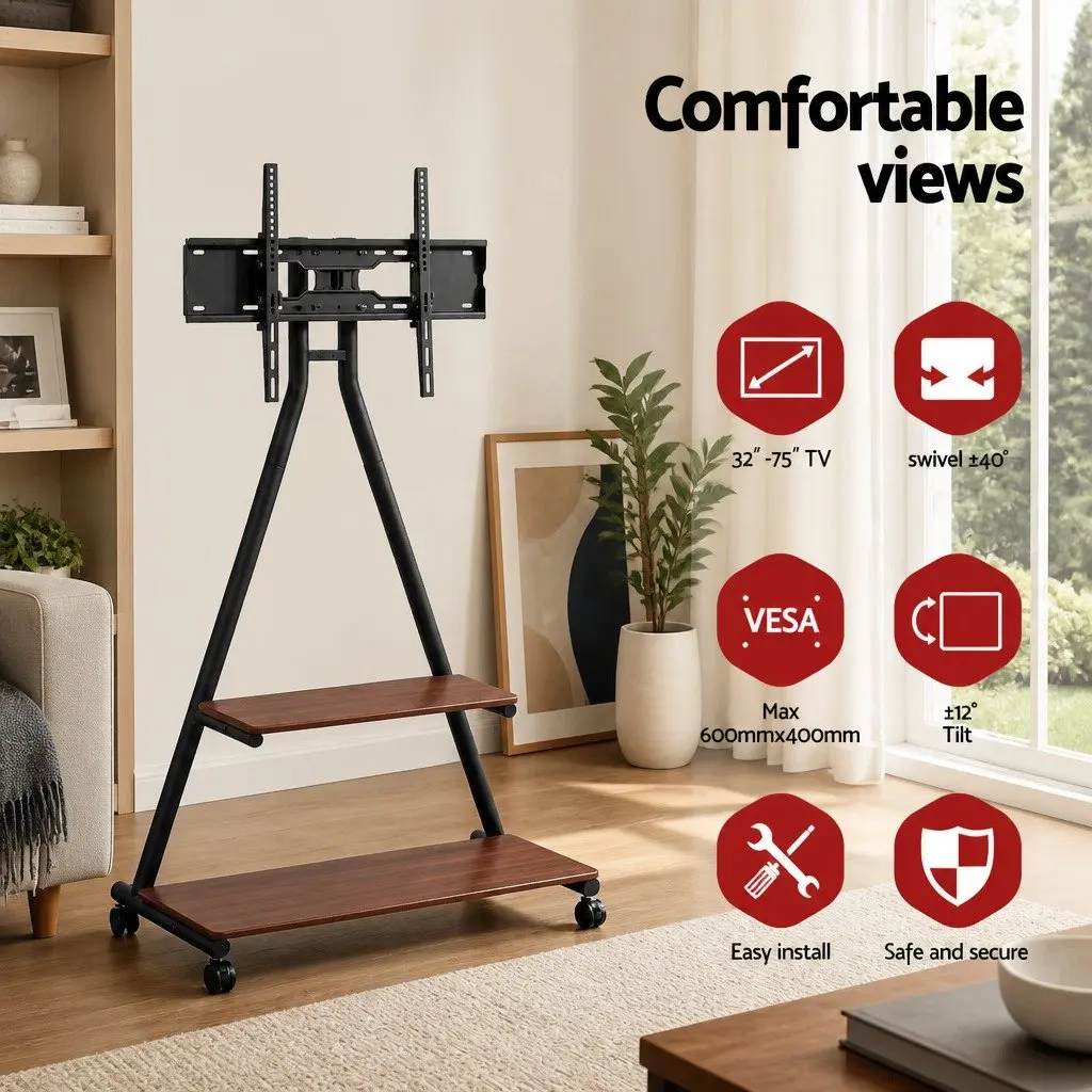 Mobile TV Stand Heavy Duty Steel Frame 32-75 Inch Adjustable Tilt Swivel Black Walnut