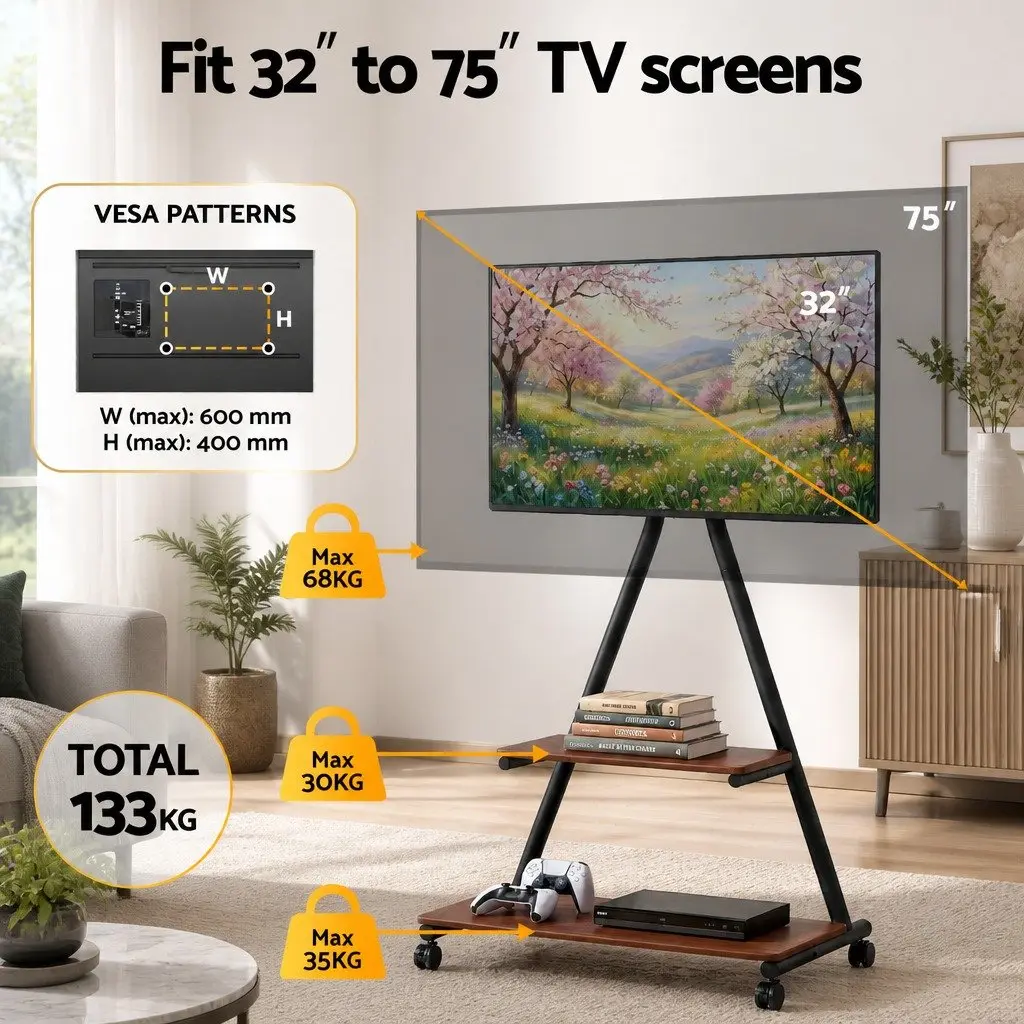 Mobile TV Stand Heavy Duty Steel Frame 32-75 Inch Adjustable Tilt Swivel Black Walnut