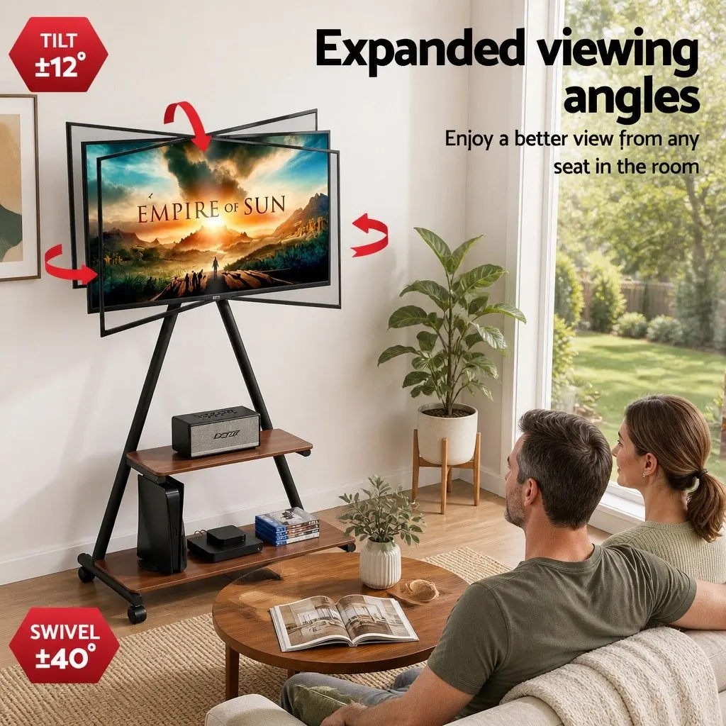 Mobile TV Stand Heavy Duty Steel Frame 32-75 Inch Adjustable Tilt Swivel Black Walnut