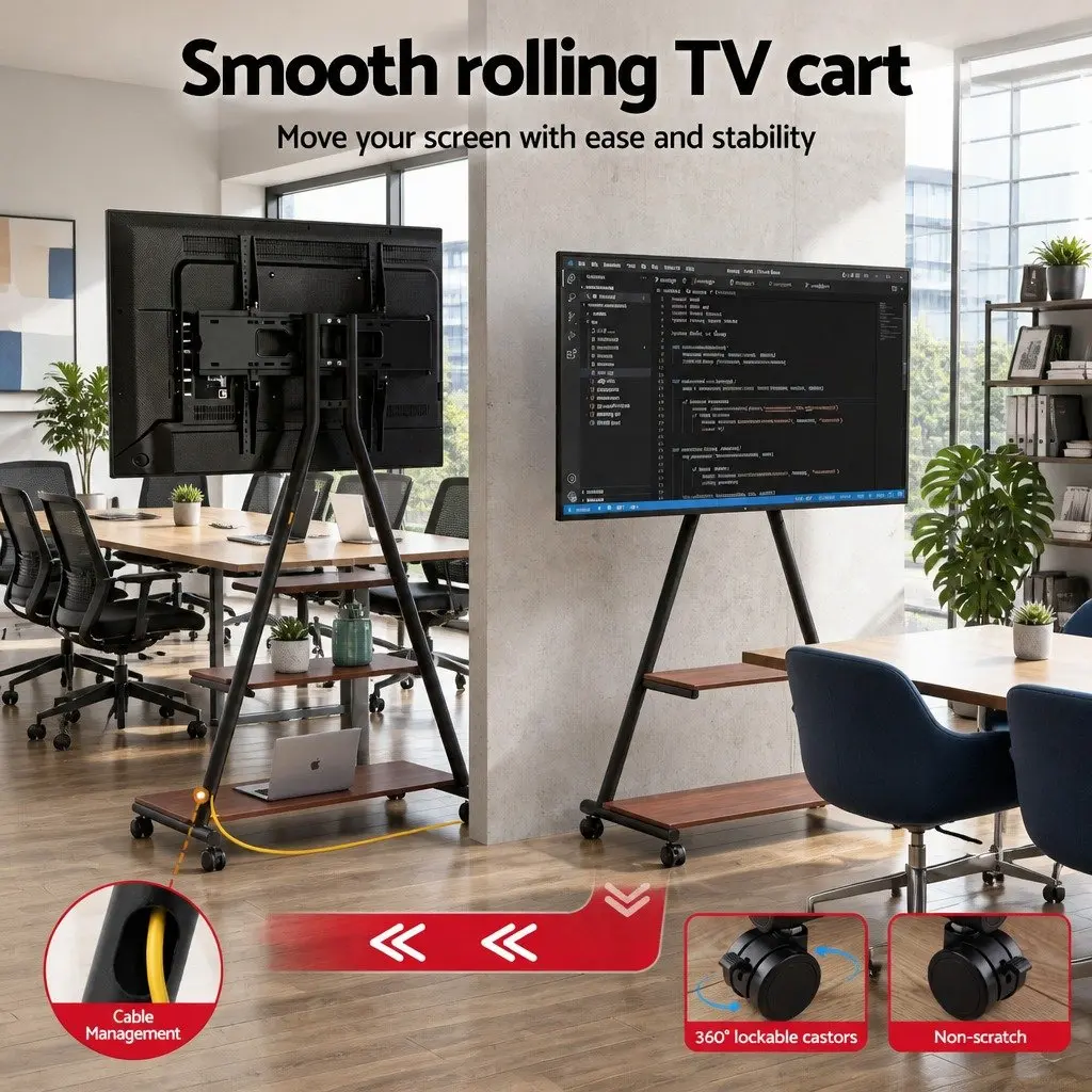 Mobile TV Stand Heavy Duty Steel Frame 32-75 Inch Adjustable Tilt Swivel Black Walnut