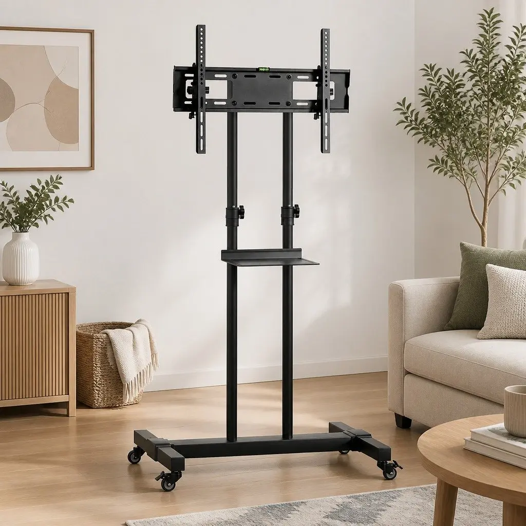 Mobile TV Stand Floor Mount Bracket Sturdy Steel Frame Adjustable Height Black for 23-65 inch Screens
