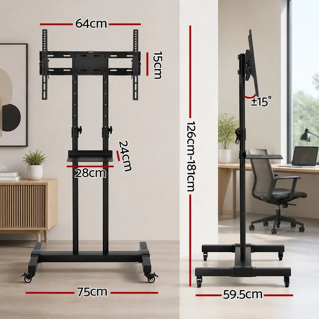 Mobile TV Stand Floor Mount Bracket Sturdy Steel Frame Adjustable Height Black for 23-65 inch Screens
