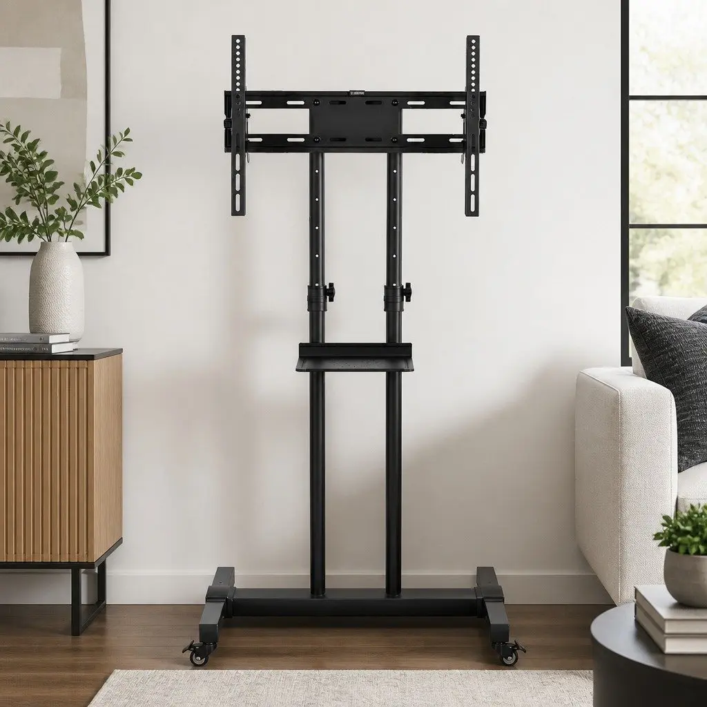 Mobile TV Stand Floor Mount Bracket Sturdy Steel Frame Adjustable Height Black for 23-65 inch Screens