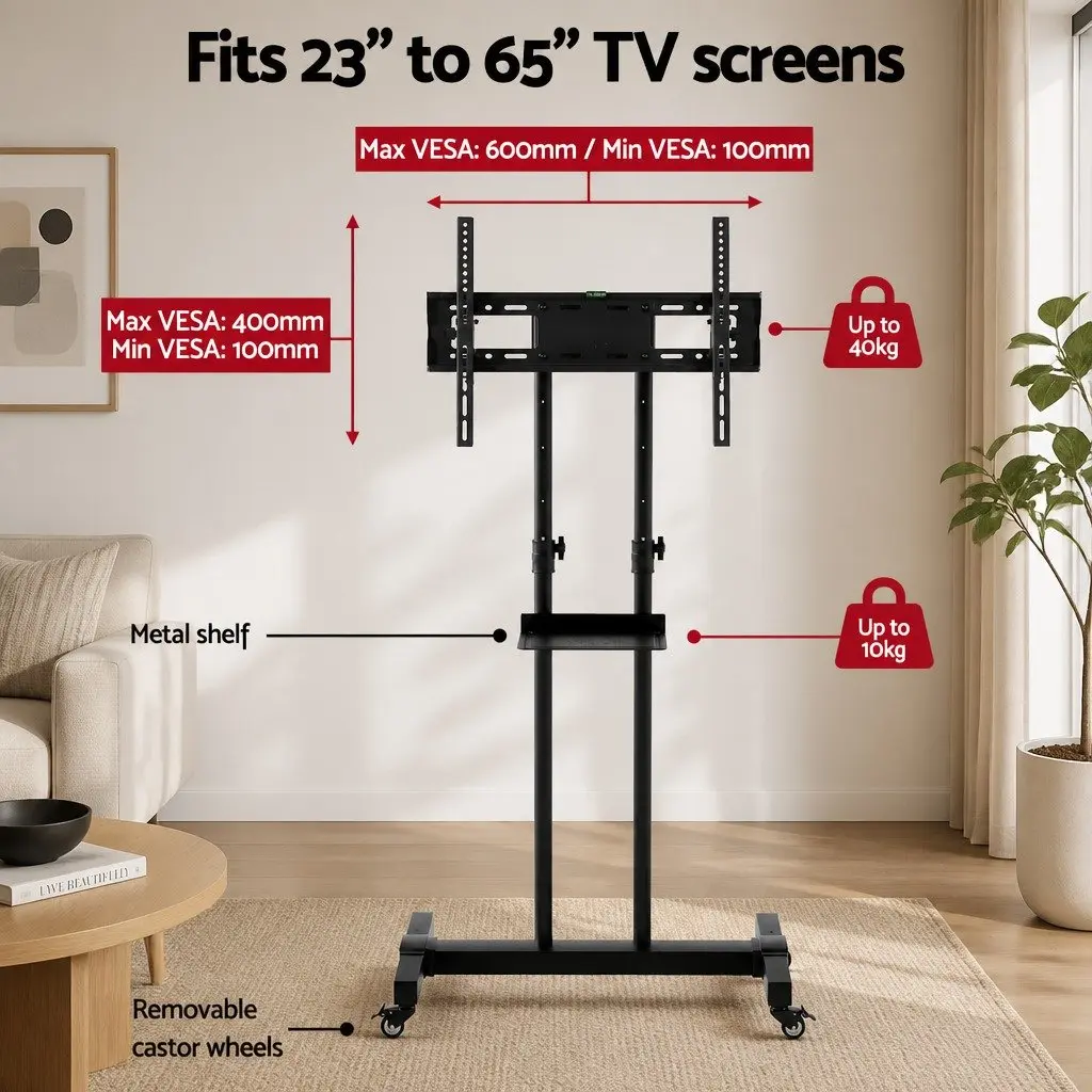 Mobile TV Stand Floor Mount Bracket Sturdy Steel Frame Adjustable Height Black for 23-65 inch Screens