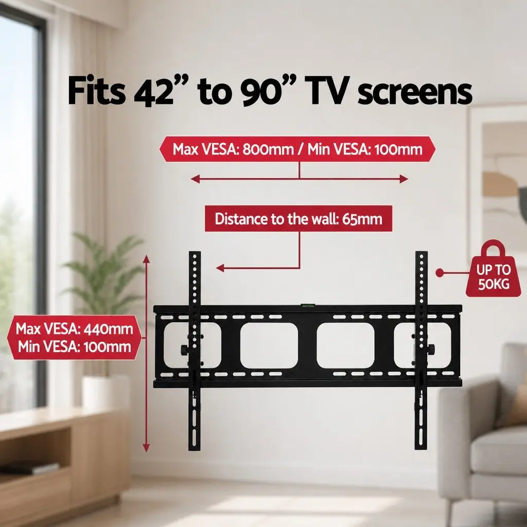 TV Wall Mount Bracket 42"-90" LED LCD Tilt Flat Low Profile Black Slim Design