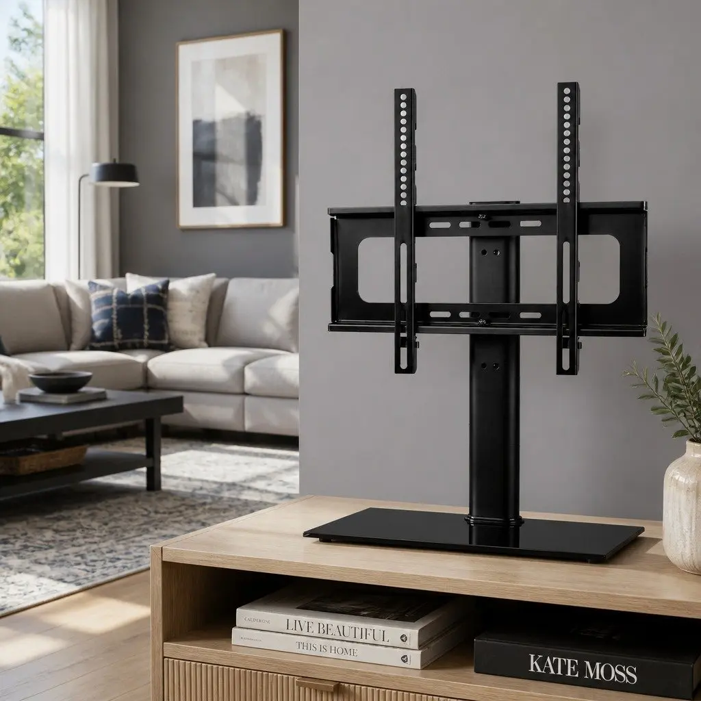 TV Stand Mount Bracket Swivel 32"-55" Black Metal with Tempered Glass Base