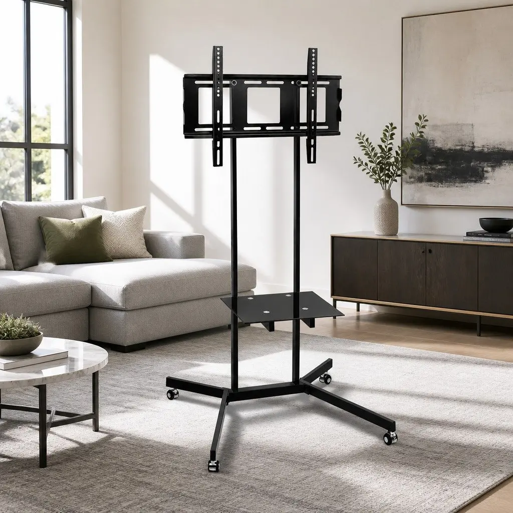 Mobile TV Stand Floor Mount Bracket Adjustable Height for 32 to 65 Inch Black Tempered Glass Shelf