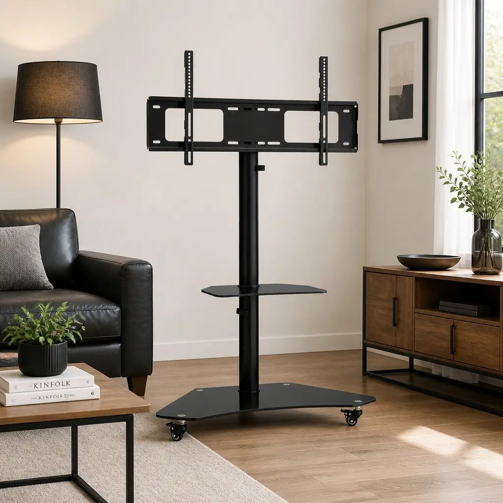 TV Stand Mount Bracket Adjustable Height Swivel 40-100 Inch Black Steel Frame with Tempered Glass Shelves