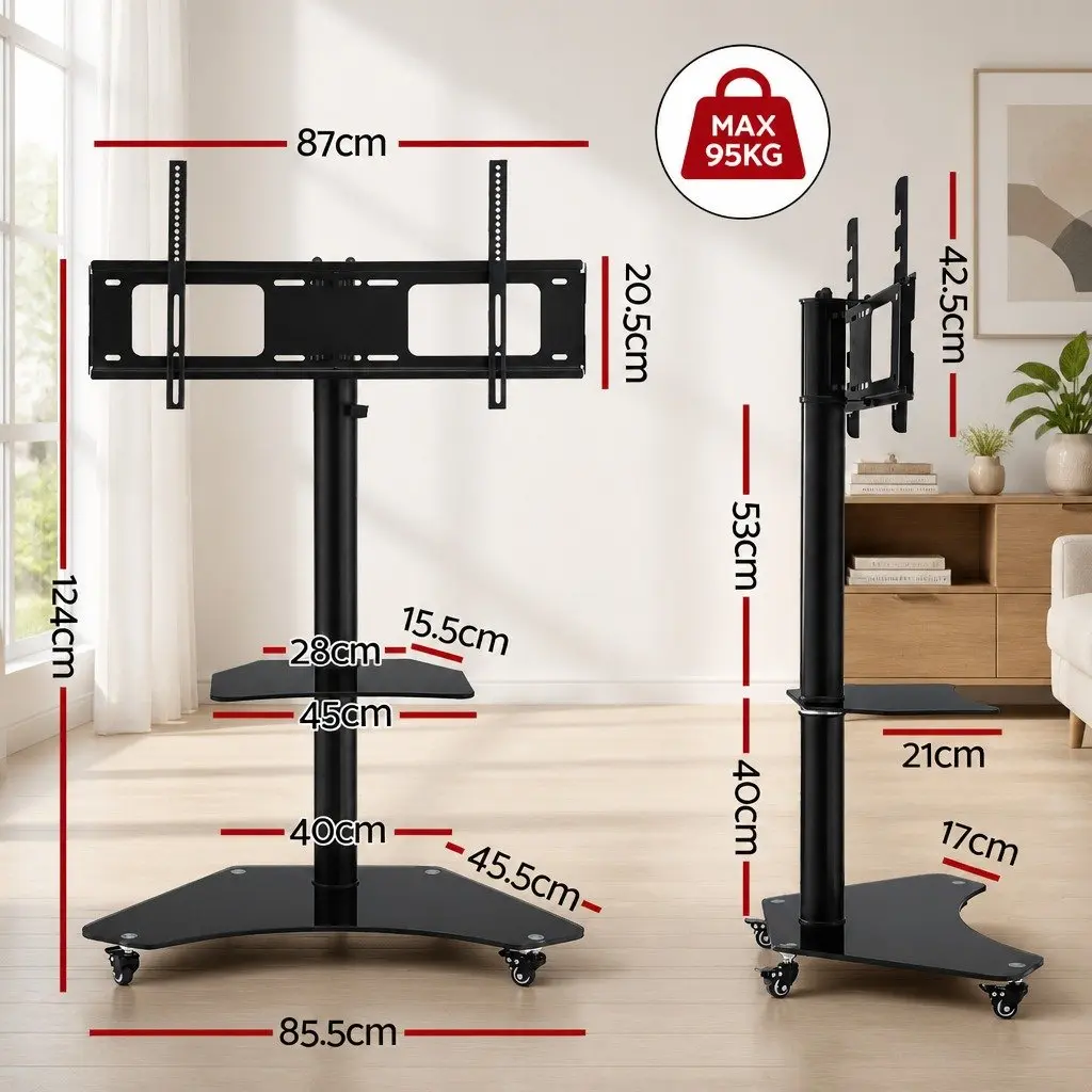 TV Stand Mount Bracket Adjustable Height Swivel 40-100 Inch Black Steel Frame with Tempered Glass Shelves