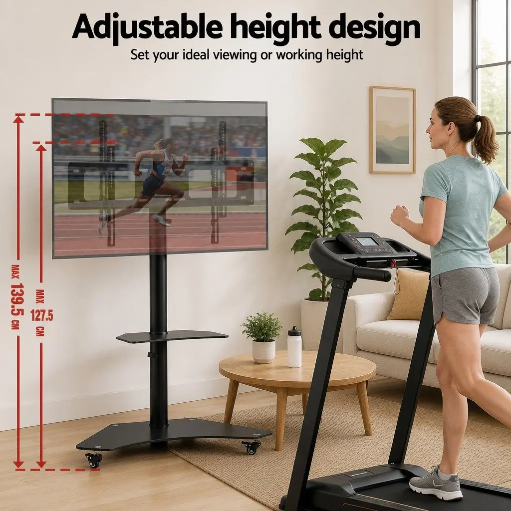 TV Stand Mount Bracket Adjustable Height Swivel 40-100 Inch Black Steel Frame with Tempered Glass Shelves