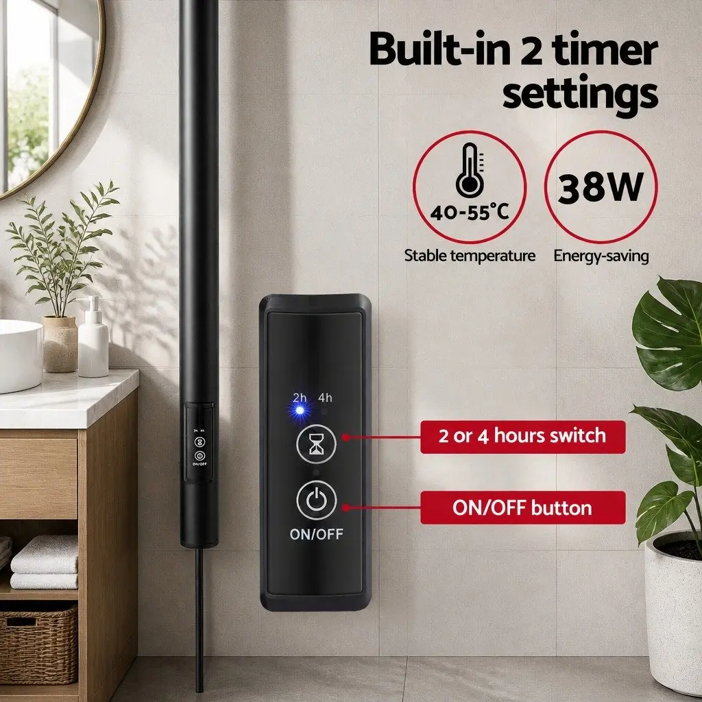 Heated Towel Rail Electric Warmer Rack Single Bar Wall-Mounted Black Powder-Coated Carbon Steel 40-55°C