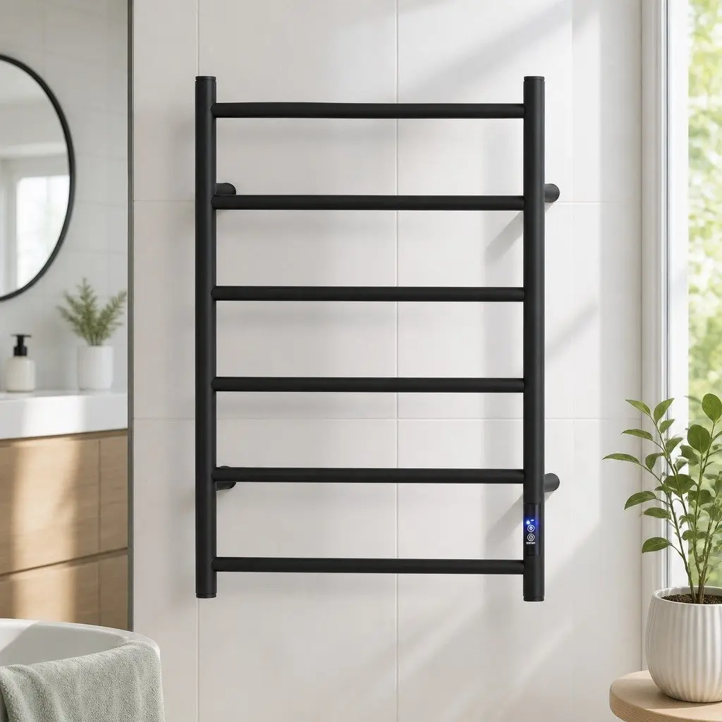 Heated Towel Rail 6 Round Bars Electric Warmer Rack with Timer Black