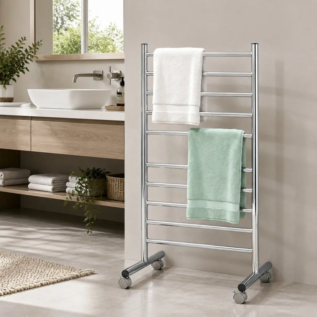 Freestanding Heated Towel Rail 10-Bar Electric Warmer 100W Stainless Steel Silver