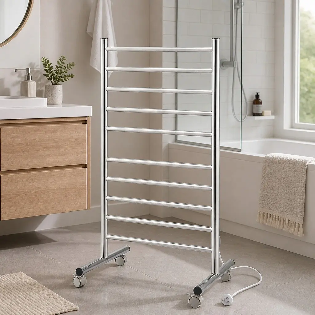 Freestanding Heated Towel Rail 10-Bar Electric Warmer 100W Stainless Steel Silver