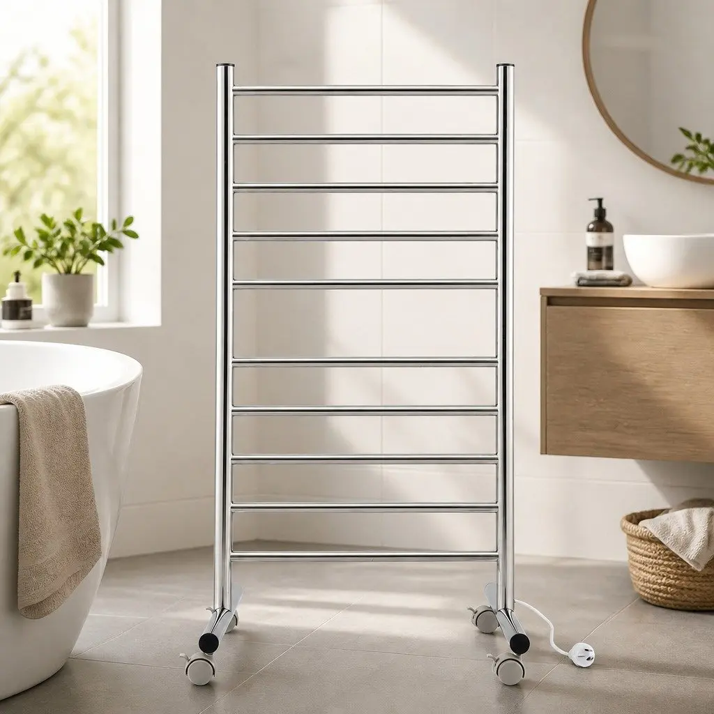 Freestanding Heated Towel Rail 10-Bar Electric Warmer 100W Stainless Steel Silver