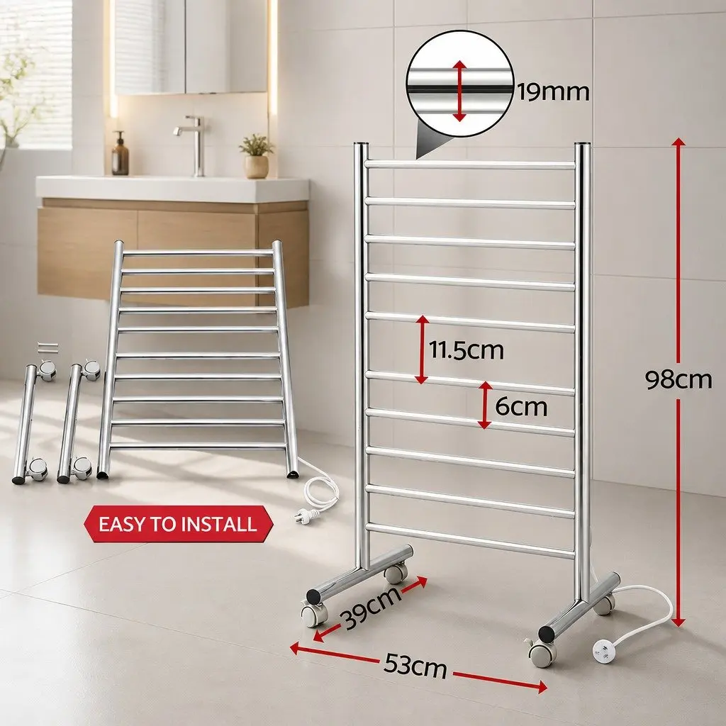 Freestanding Heated Towel Rail 10-Bar Electric Warmer 100W Stainless Steel Silver