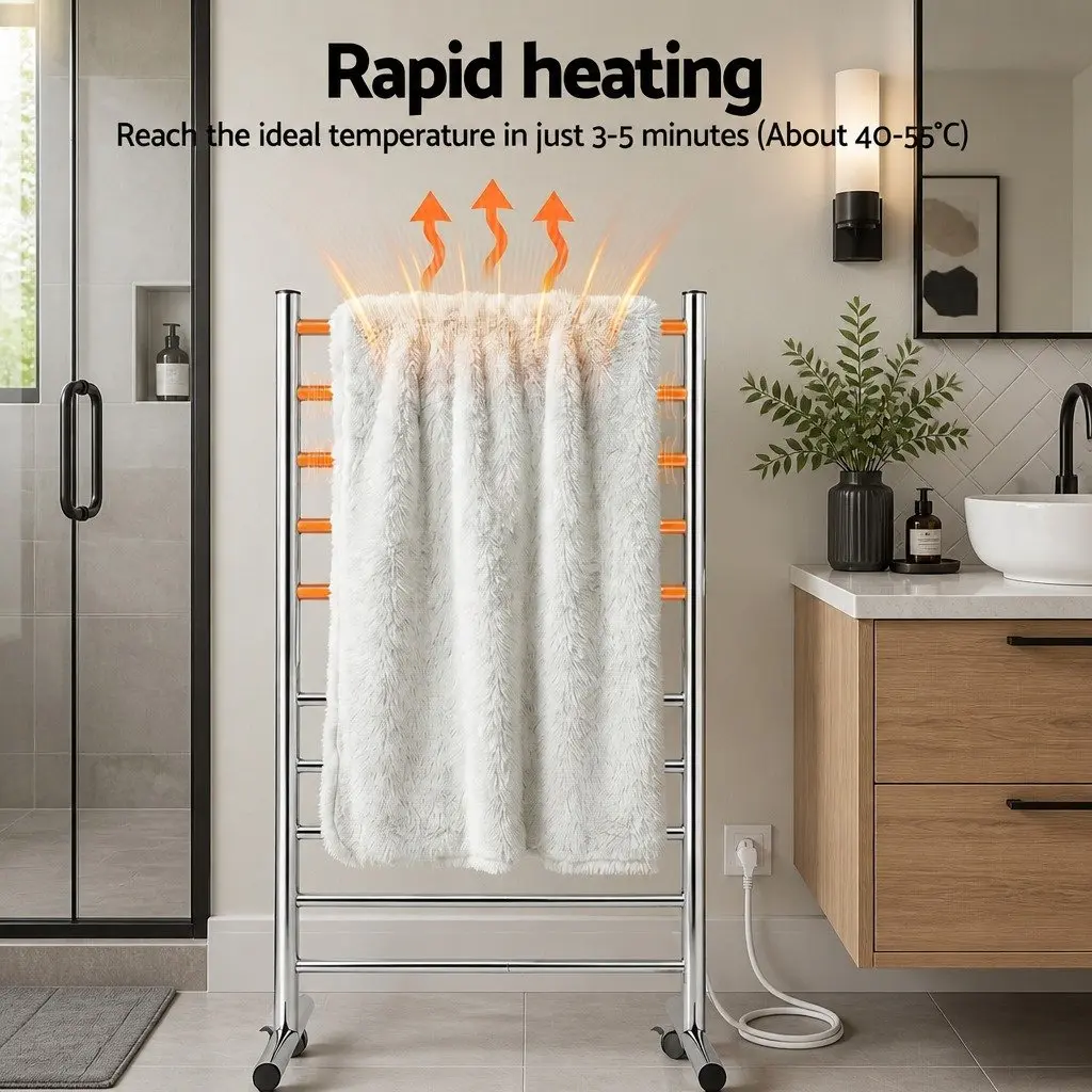 Freestanding Heated Towel Rail 10-Bar Electric Warmer 100W Stainless Steel Silver