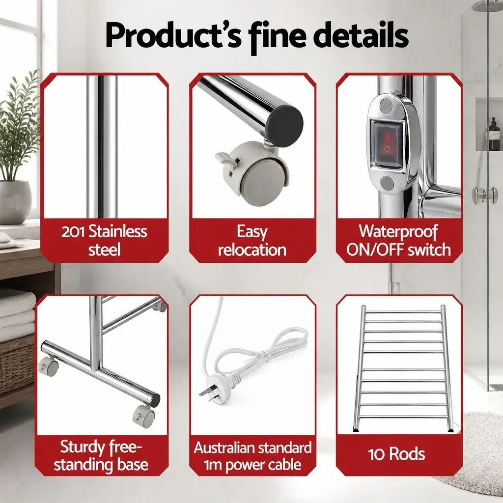 Freestanding Heated Towel Rail 10-Bar Electric Warmer 100W Stainless Steel Silver