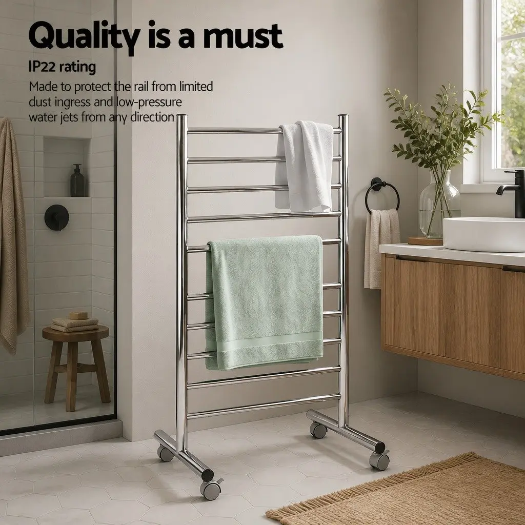 Freestanding Heated Towel Rail 10-Bar Electric Warmer 100W Stainless Steel Silver