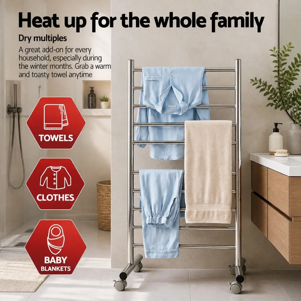 Freestanding Heated Towel Rail 10-Bar Electric Warmer 100W Stainless Steel Silver