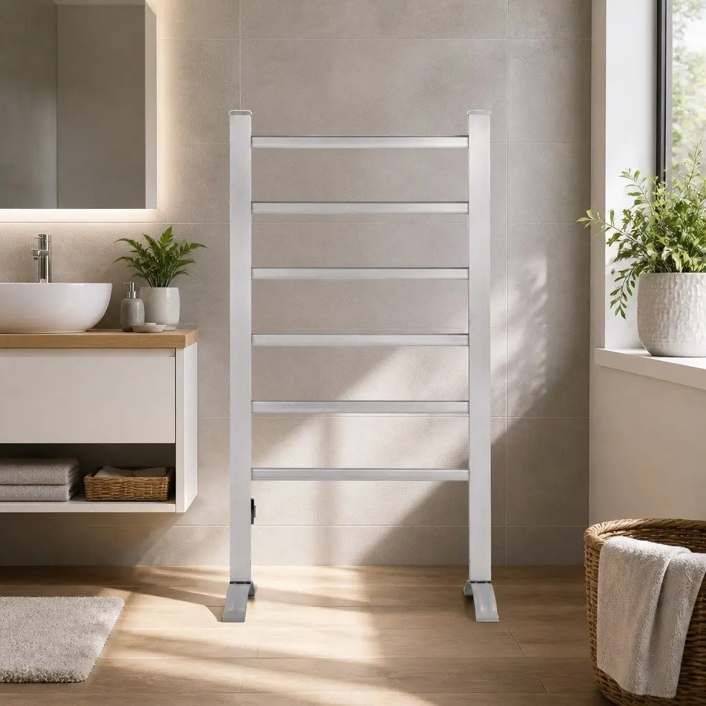 Electric Heated Towel Rail 6 Bars Timer Clothes Drying Rack Warmer Silver