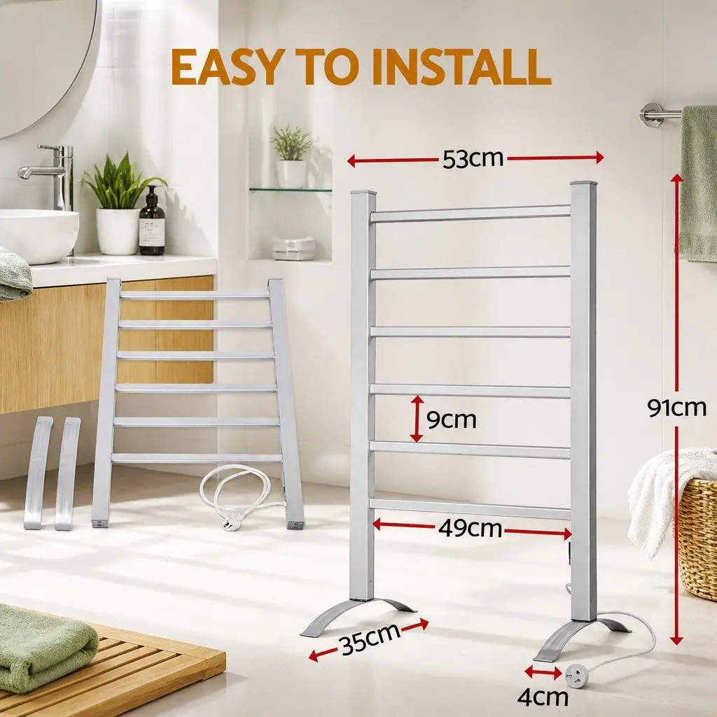 Electric Heated Towel Rail 6 Bars Timer Clothes Drying Rack Warmer Silver