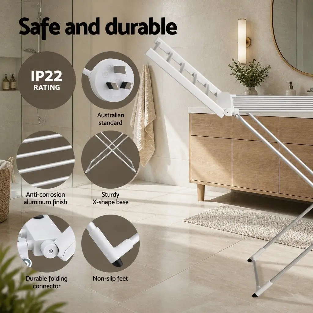 Electric Heated Towel Rail Rack 18 Rods Adjustable Temperature Portable Foldable Silver