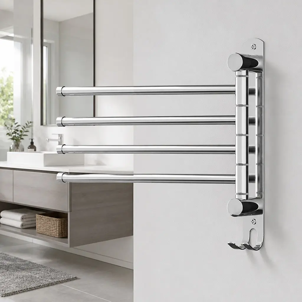 Stainless Steel Towel Rail 4 Bars Swivel Wall Mounted Bathroom Holder Hook