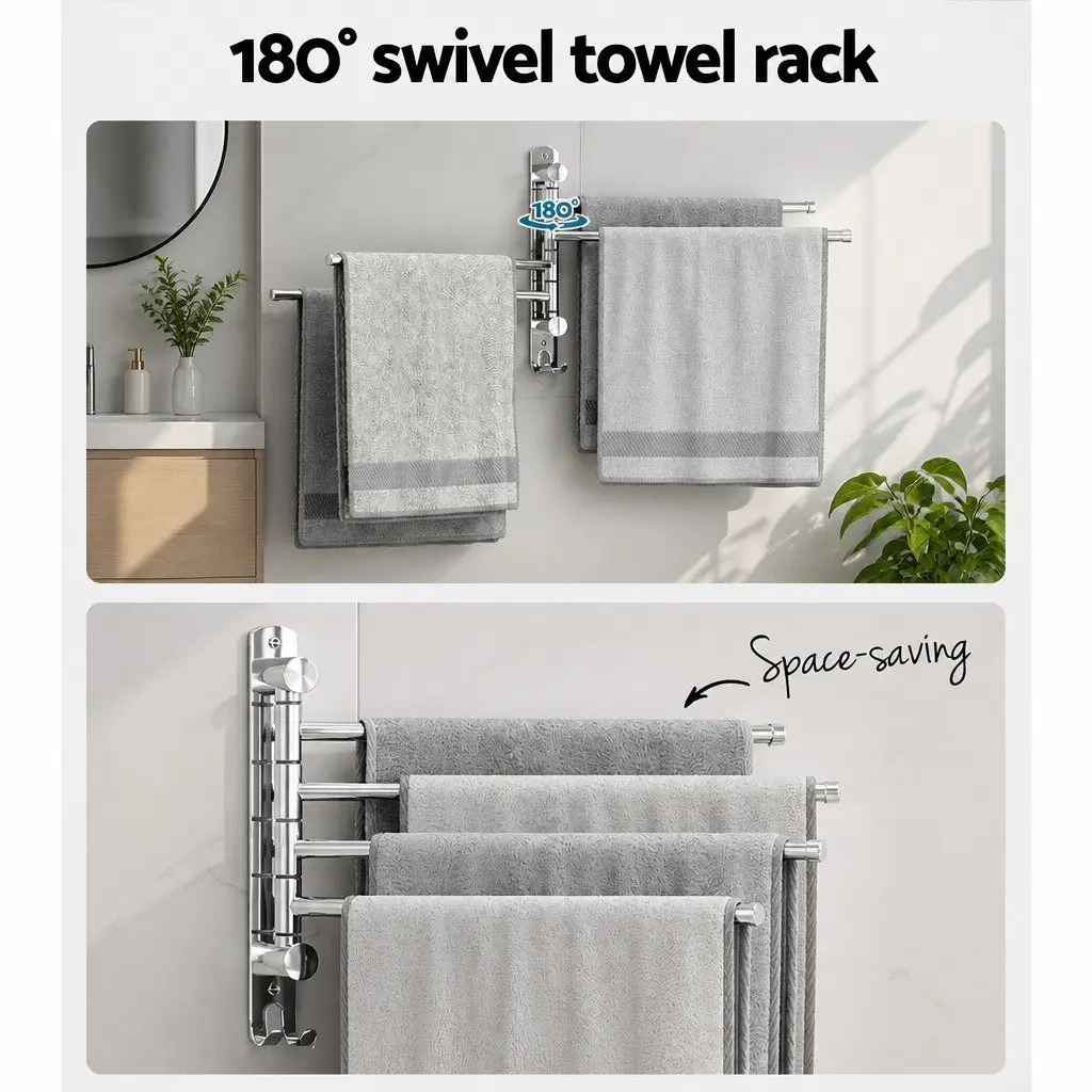 Stainless Steel Towel Rail 4 Bars Swivel Wall Mounted Bathroom Holder Silver
