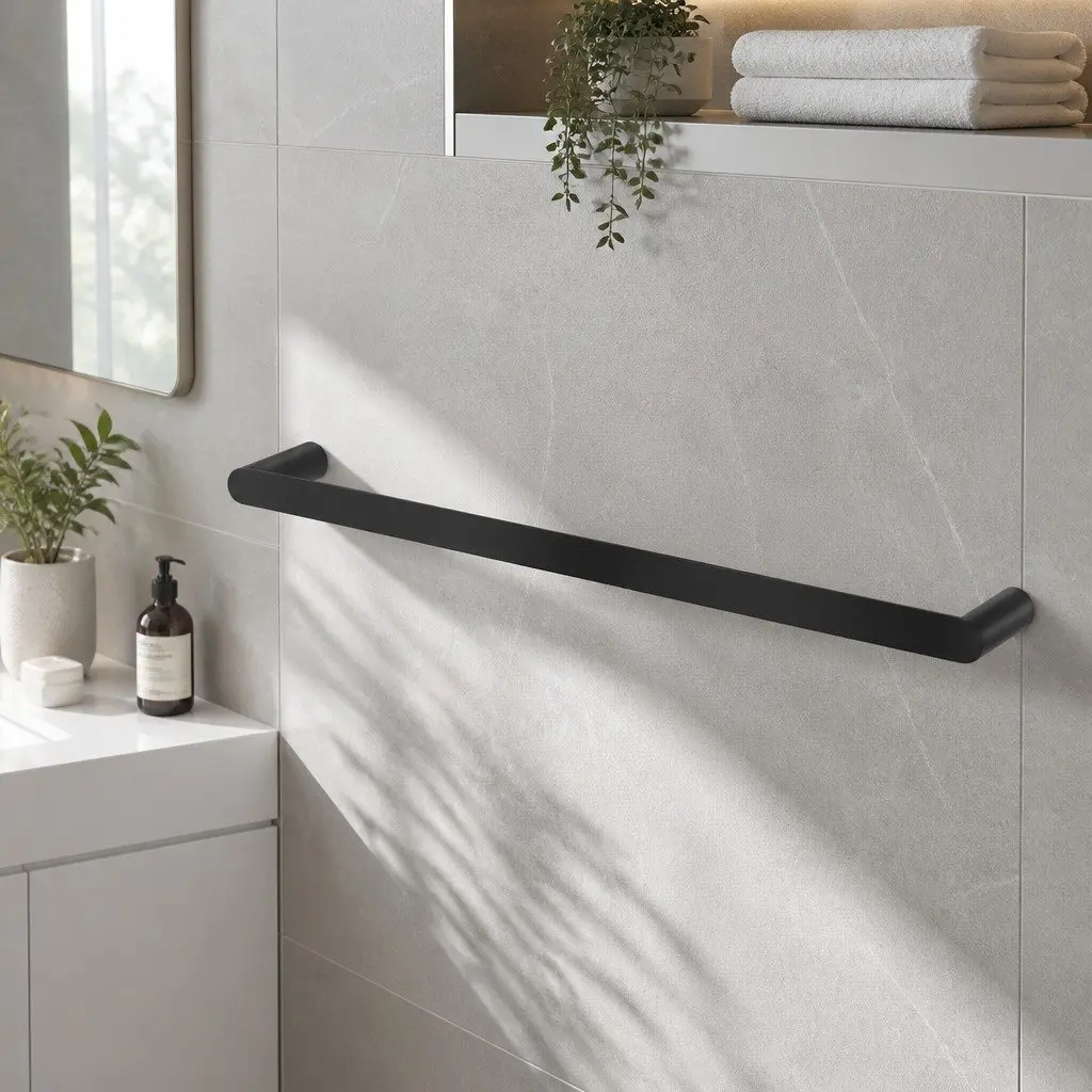 Towel Rail Rack Single 600mm Wall Mounted Black Bathroom Holder Stainless Steel