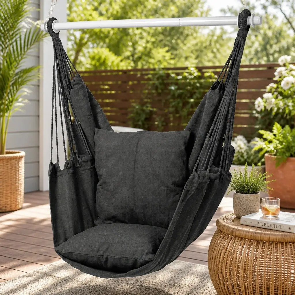 Hammock Chair Hanging Swing Seat Indoor Outdoor Relaxation 100cm x 120cm Grey Cotton Canvas with 2 Cushions