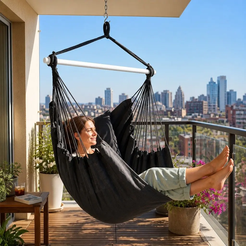 Hammock Chair Hanging Swing Seat Indoor Outdoor Relaxation 100cm x 120cm Grey Cotton Canvas with 2 Cushions