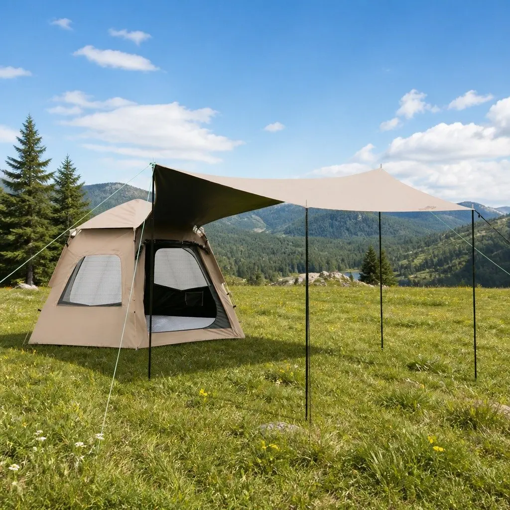 Pop Up Camping Tent Quick Setup 3-4 Person Outdoor Shelter Beige