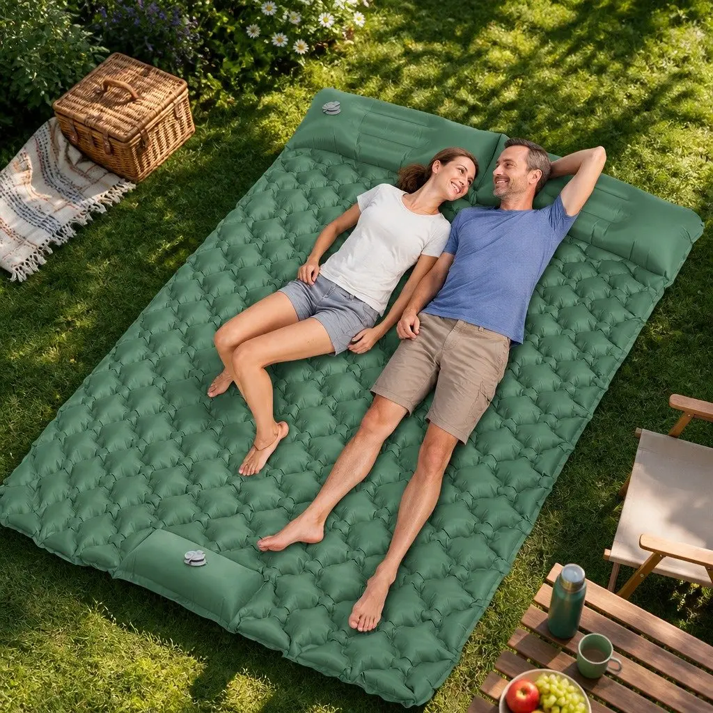 Inflatable Camping Sleeping Pad Double Air Mattress with Foot Pump Lightweight