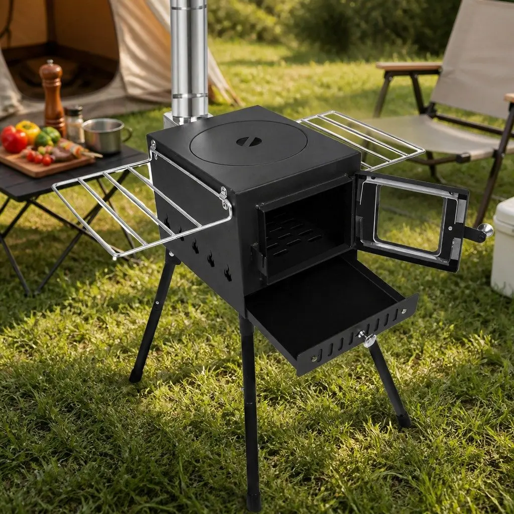 Portable Camping Oven Charcoal Wood Burning Grill with Foldable Legs Black