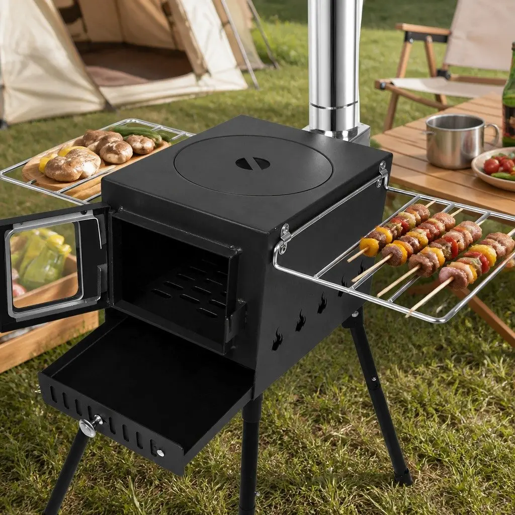 Portable Camping Oven Charcoal Wood Burning Grill with Foldable Legs Black