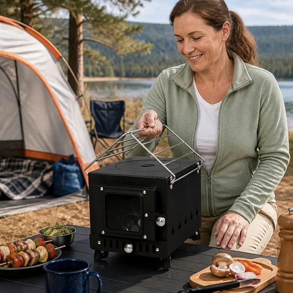 Portable Camping Oven Charcoal Wood Burning Grill with Foldable Legs Black