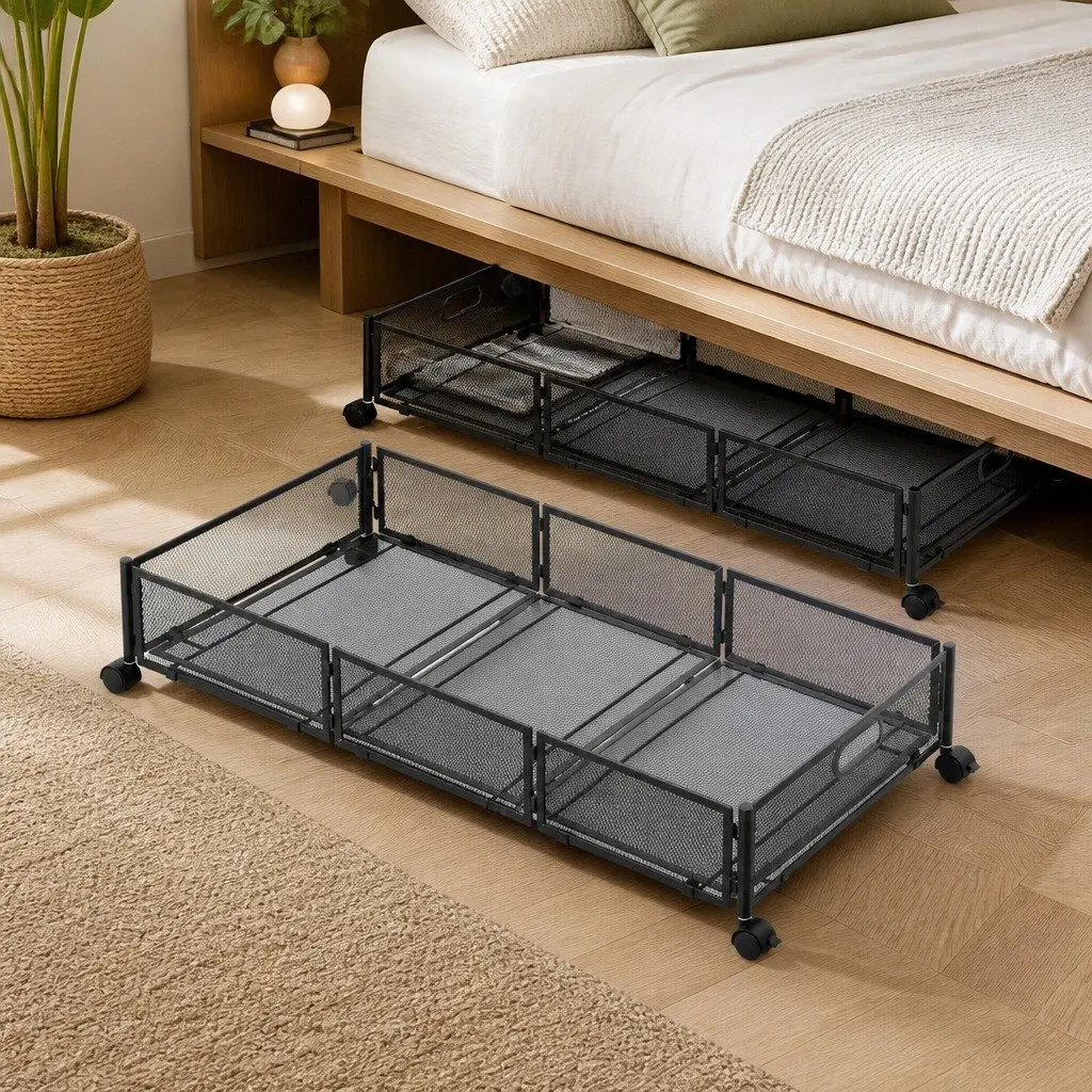 Under Bed Storage Containers Set of 4 Metal Boxes with Wheels Bedroom Organiser