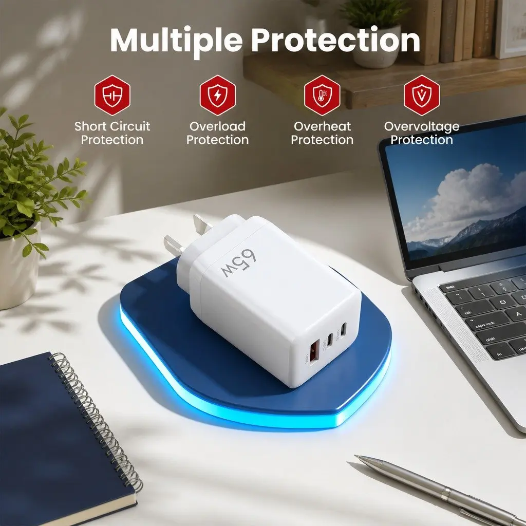 USB C Wall Charger 65W Fast Charging 3 Port PD Adapter Travel Power Block White