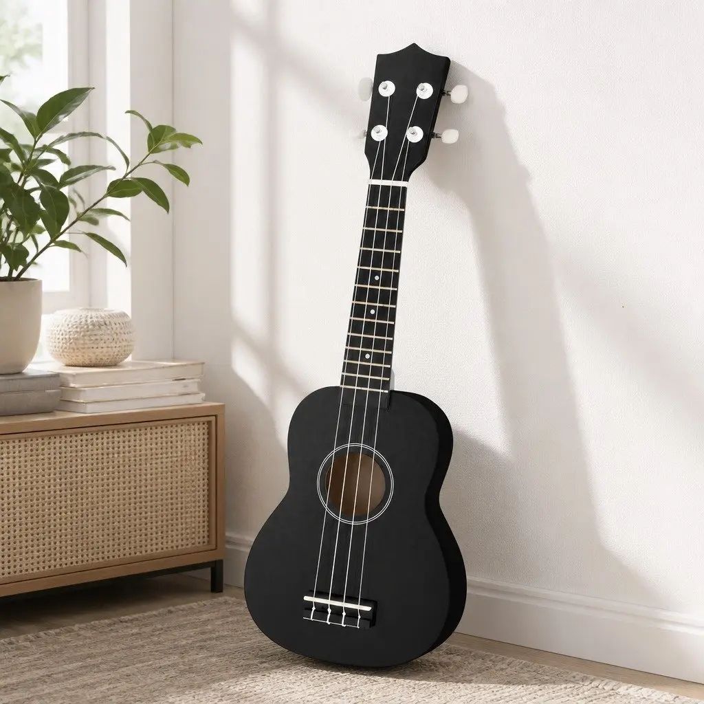 Ukulele Beginner 21 Inch Basswood Nylon Strings Arched Back Black