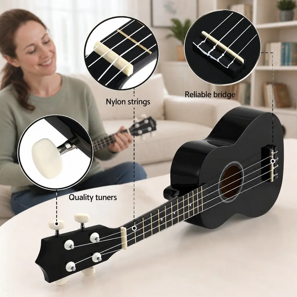 Ukulele Beginner 21 Inch Basswood Nylon Strings Arched Back Black