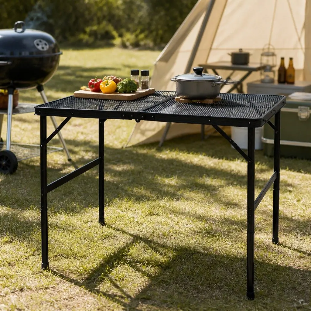 Folding Grill Table Portable BBQ Camping Outdoor Prep Two Height Adjustable