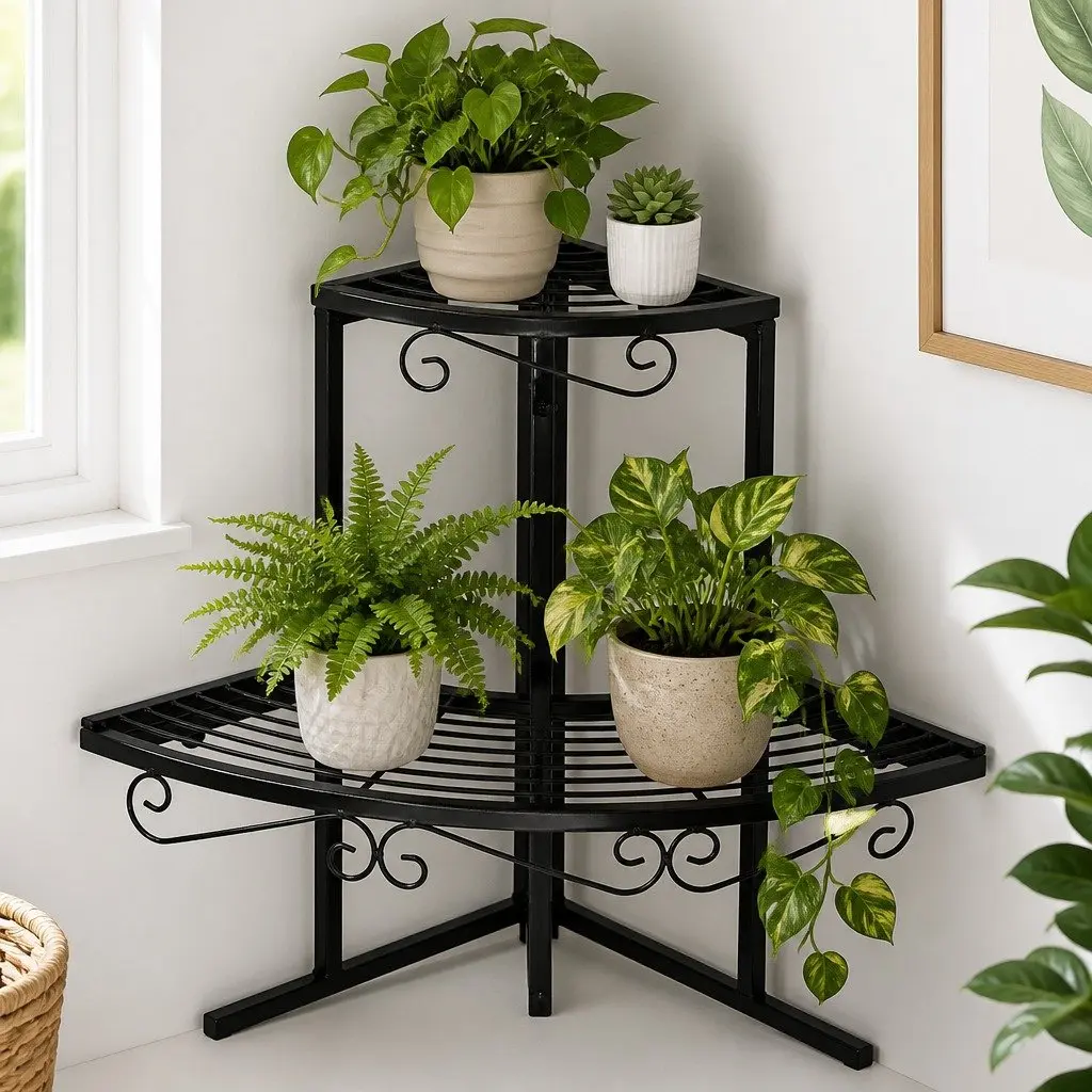 3-Tier Plant Stand Indoor Outdoor Durable Steel Black Space-Saving Display Organiser Shelf