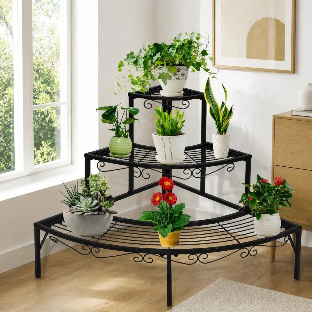 3-Tier Plant Stand Indoor Outdoor Durable Steel Black Space-Saving Display Organiser Shelf