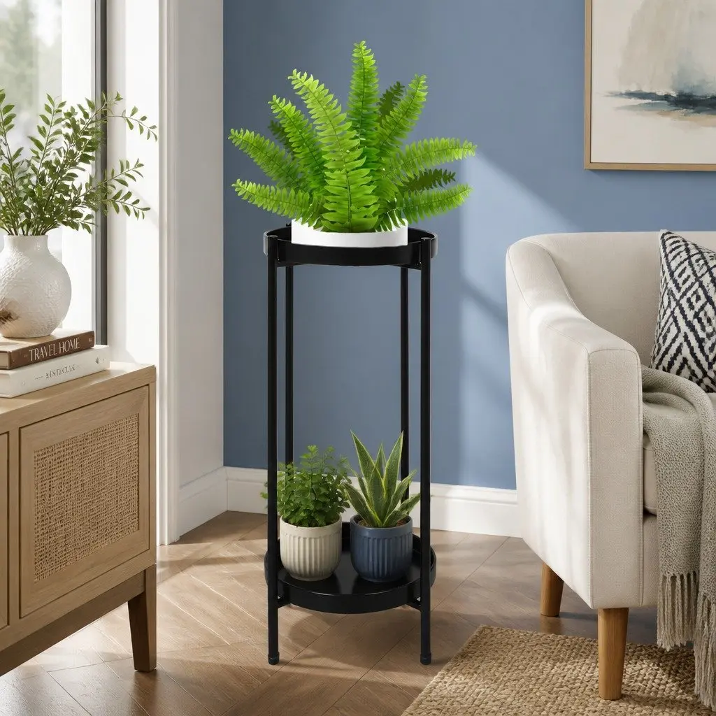 2 Tier Plant Stand Metal Frame Indoor Outdoor Balcony Garden Flower Pot