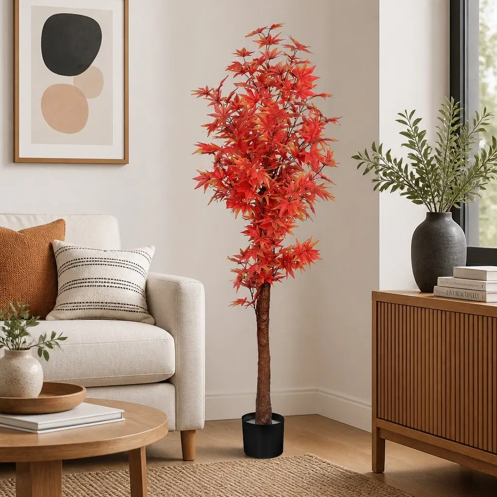 Artificial Plant Tree 180cm Maintenance Free Indoor Outdoor Red Foliage