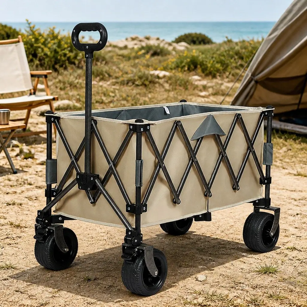Folding Wagon Cart All-Terrain Wheels 3-Tier Storage Khaki