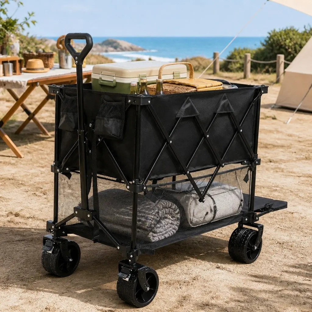 Folding Wagon Cart Double Shelves 400L Capacity All-Terrain Swivel Wheels Black 600D Oxford Fabric